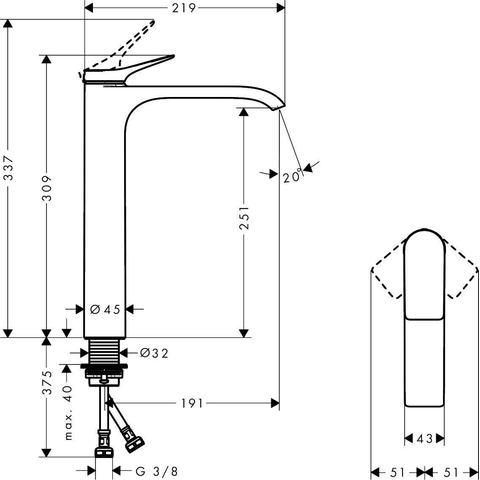 Hansgrohe VIVENIS 1 greeps wastafelkraan - 250 zonder afvoer - mat zwart SW642507