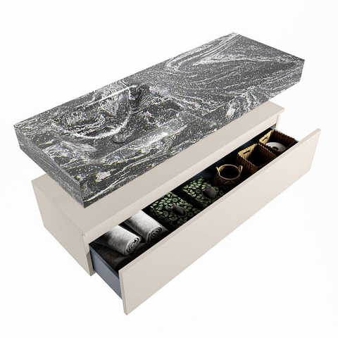 Mondiaz ALAN-DLUX Ensemble de meuble - 130cm - meuble Linen mat - 1 tiroir - Lavabo Cloud Lava suspendu - vasque Gauche - 0 trous de robinet SW808127