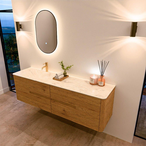 Mondiaz CIRO-DLUX Ensemble de meubles de salle de bains - 170x45x50cm - Plan-vasque Solid Surface Ostra - 1 bac à gauche - 1 trou de robinet - 4 tiroirs - Chêne SW1530947