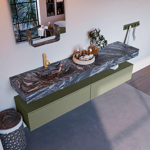 Mondiaz ALAN-DLUX Ensemble de meuble - 200cm - meuble Army mat - 2 tiroirs - Lavabo Cloud Lava suspendu - vasque Gauche - 1 trou de robinet SW808458