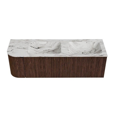 MONDIAZ KURVE-DLUX Meuble de salle de bains 145 cm avec module 25 L couleur Walnut avec 1 tiroir et 1 porte. Lavabo LEAF double / droit 2 trous de robinet couleur Glace. SW1138065