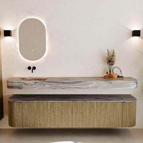 MONDIAZ THOR-DLUX Meuble de salle de bains - 200cm - arrondi gauche + droite - couleur Dusk - 2 tiroirs - 2 portes - Vasque suspendue CLOUD Gauche sans trou de robinet - couleur Sombra SW1467276