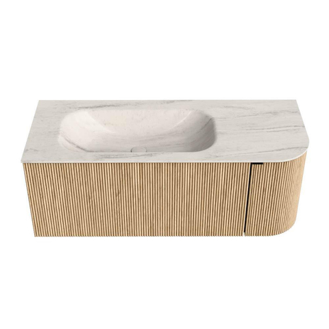 MONDIAZ KURVE-DLUX Meuble de salle de bains 115 cm arrondi Droite couleur Chêne avec 1 tiroir et 1 porte. Lavabo BIG SMALL Gauche 1 trou de robinet Meli. SW1431609