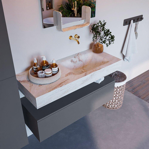 Mondiaz ALAN-DLUX Ensemble de meuble - 110cm - meuble Plata mat - 1 tiroir - Lavabo Cloud Frappe suspendu - vasque Droite - 0 trous de robinet SW805546
