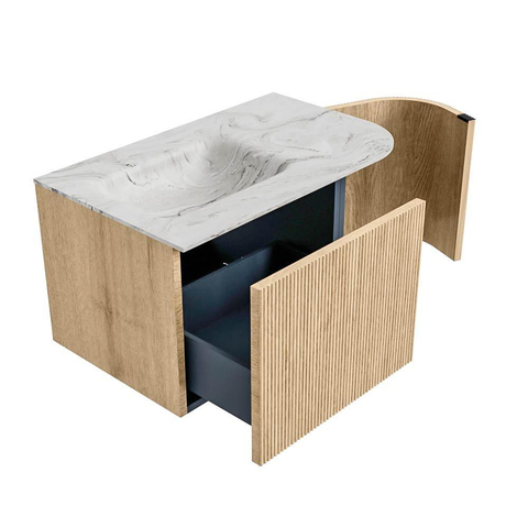MONDIAZ KURVE-DLUX meuble de salle de bains 75cm avec module 25 R couleur chêne avec 1 tiroir et 1 porte. Lavabo GRUNNE gauche 1 trou de robinet couleur Glace. SW1137890