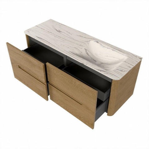 Mondiaz CIRO-DLUX Badkamermeubelset - 130x45x50cm - Solid surface wastafel Nata - 1 wasbak Rechts - zonder kraangaten - 4 lades - Oak SW1531456