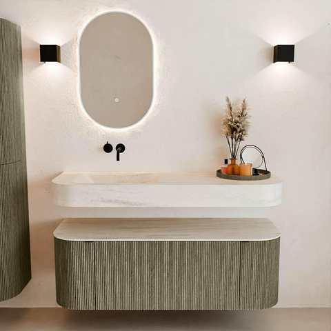 MONDIAZ THOR-DLUX 130cm meuble de salle de bains arrondi gauche + droite couleur Shadow avec 1 tiroir et 2 portes. Vasque suspendue CLOUD gauche sans trou de robinet couleur Meli. SW1463872