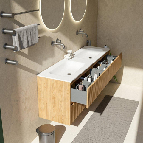 Saniclass Holz Atelier Badkamermeubelset - 160x45x61.5cm - Flow solid surface wastafel wit - 2 wasbakken - zonder kraangaten - 4 lades - mat eiken natural (hout) SW1478443