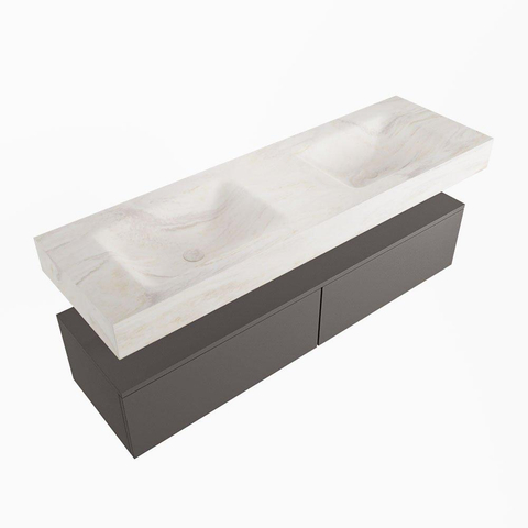 Mondiaz ALAN-DLUX Ensemble de meuble - 150cm - meuble Dark grey mat - 2 tiroirs - Lavabo Cloud Ostra suspendu - vasque gauche et droite - 2 trous de robinet SW807449
