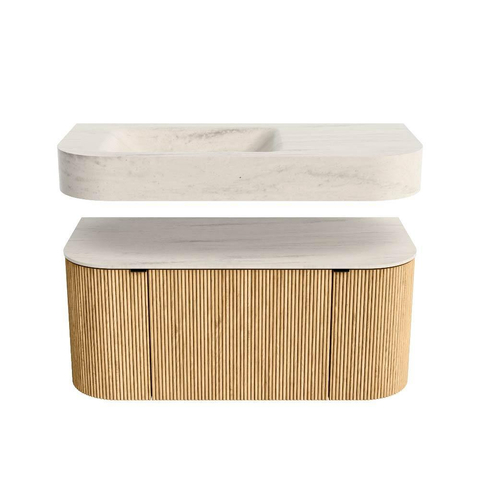 MONDIAZ THOR-DLUX Meuble de salle de bains - 100cm - arrondi gauche + droite - couleur Oak - 1 tiroir - 2 portes - Vasque suspendue CLOUD Gauche sans trou de robinet - couleur Meli SW1467469