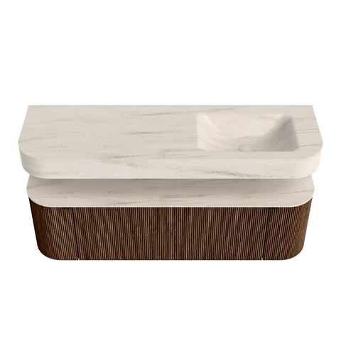 MONDIAZ THOR-DLUX 150cm meuble de salle de bains arrondi gauche + droite couleur Walnut avec 1 tiroir et 2 portes. Vasque suspendue CLOUD droite sans trou de robinet couleur Meli. SW1464775