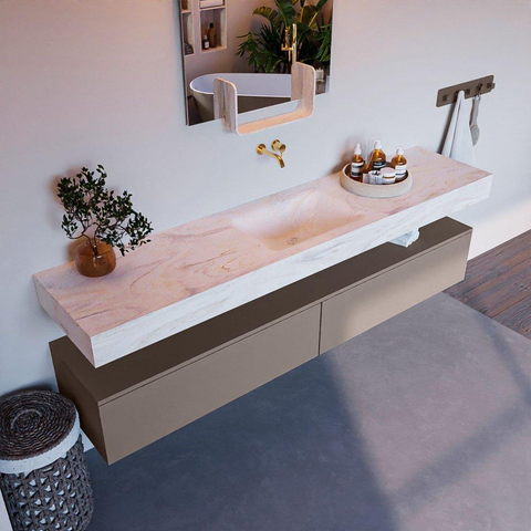 Mondiaz ALAN-DLUX Ensemble de meuble - 200cm - meuble Smoke mat - 2 tiroirs - Lavabo Cloud Ostra suspendu - vasque Centre - 0 trous de robinet SW807345