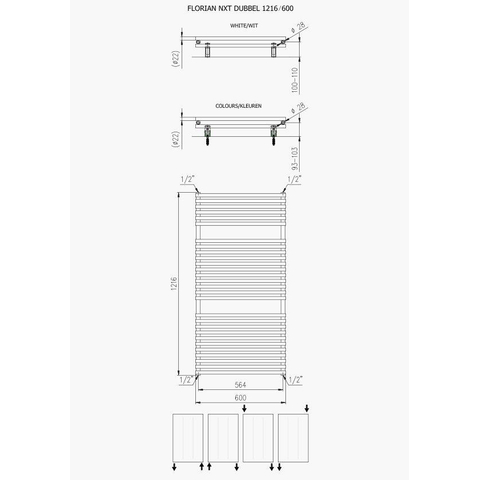 Plieger Florian Nxt radiateur design double horizontal 1216x600mm 980W blanc 7255122