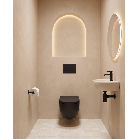 QeramiQ Dely Swirl Pack WC suspendu - 36.3x51.7cm - bâti-support Geberit UP320 - abattant slim - plaque de commande anthracite mat - boutons rectangulaires - noir mat SW1164261
