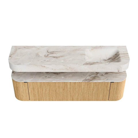 MONDIAZ THOR-DLUX Meuble de salle de bains 170cm arrondi gauche + droite couleur Oak avec 1 tiroir et 2 portes. Vasque suspendue CLOUD Droite sans trou de robinet couleur Frappe. SW1465401