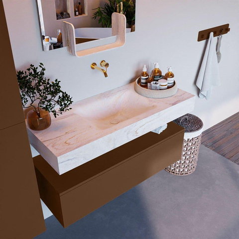 Mondiaz ALAN-DLUX Ensemble de meuble - 110cm - meuble Rust mat - 1 tiroir - Lavabo Cloud Ostra suspendu - vasque Centre - 0 trous de robinet SW807468