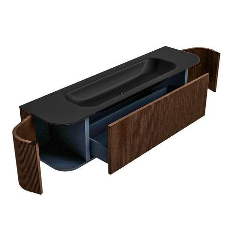 MONDIAZ KURVE 170cm badmeubel met module 25 Len R kleur Walnut met 1 lade en 2 deuren. Wastafel BIG LARGE midden 2 kraangaten Urban. SW1138517