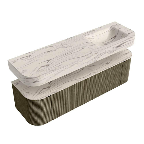 MONDIAZ THOR-DLUX 160cm meuble de salle de bains arrondi gauche + droite couleur Shadow avec 1 tiroir et 2 portes. Vasque suspendue CLOUD Droite sans trou de robinet couleur Nata. SW1465329