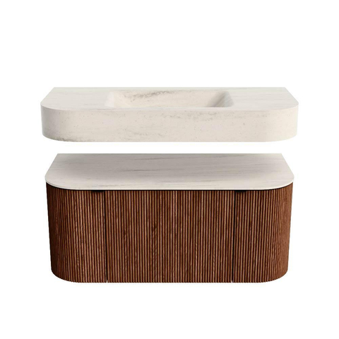 MONDIAZ THOR-DLUX 100cm meuble de salle de bains arrondi gauche + droite couleur Ruby avec 1 tiroir et 2 portes. Vasque suspendue CLOUD Milieu sans trou de robinet couleur Meli. SW1467483