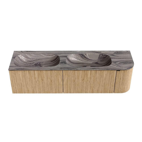 MONDIAZ KURVE-DLUX Meuble de salle de bains 165cm arrondi Droite couleur Chêne avec 2 tiroirs et 1 porte. Lavabo STOR SMALL Double / Gauche sans trou de robinet Sombra. SW1433605