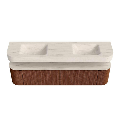 MONDIAZ THOR-DLUX Meuble de salle de bains 190cm arrondi gauche + droite couleur Ruby avec 2 tiroirs et 2 portes. Vasque suspendue CLOUD Double sans trou de robinet couleur Meli. SW1466826