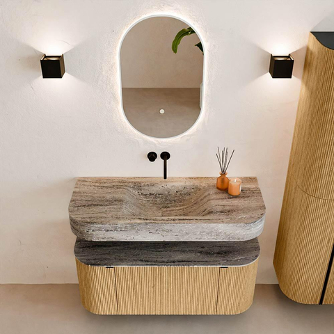 MONDIAZ THOR-DLUX 110cm badmeubel ronding links + rechts kleur Oak met 1 lade en 2 deuren. Vrijhangende wastafel CLOUD Midden zonder kraangat kleur Oza. SW1462961
