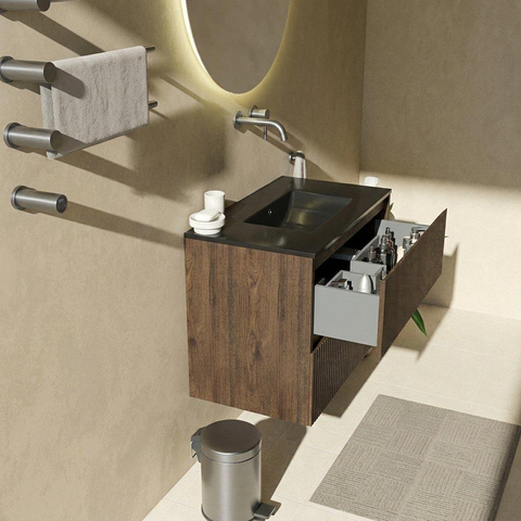 Saniclass Holz Atelier Ensemble meuble de salle de bains - 80x45x62cm - Vasque Vygo en céramique noire - 1 vasque - sans trou de robinet - 2 tiroirs - chêne charcoal mat (bois) SW1478947