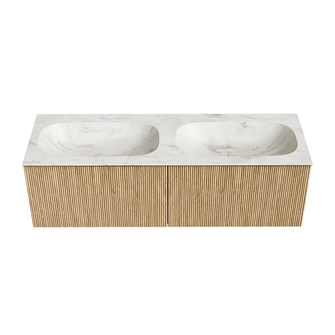 MONDIAZ KURVE-DLUX Meuble de salle de bains 140 cm couleur Oak avec 2 tiroirs. Lavabo STOR SMALL double sans trou de robinet couleur Ostra. SW1137780