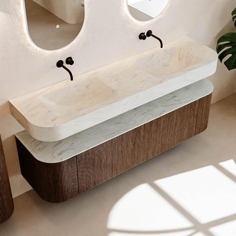 MONDIAZ THOR-DLUX 170cm meuble de salle de bains arrondi gauche + droite couleur Walnut avec 1 tiroir et 2 portes. Vasque suspendue CLOUD Double sans trou de robinet couleur Opalo. SW1465586