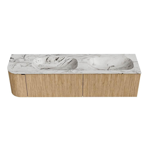 MONDIAZ KURVE-DLUX meuble de salle de bains 175 cm avec module 25 L couleur Oak avec 2 tiroirs et 1 porte. Lavabo STOR SMALL double / à droite 2 trous de robinet couleur Glace. SW1138010