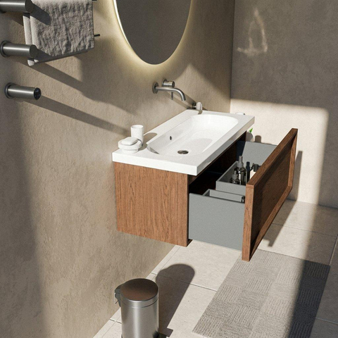 Saniclass Holz Frame Ensemble meuble de salle de bains - 100x45x43.5cm - Palermo lavabo en céramique blanc - 1 vasque - sans trou de robinetterie - 1 tiroir - walnut pure mat (bois) SW1478613