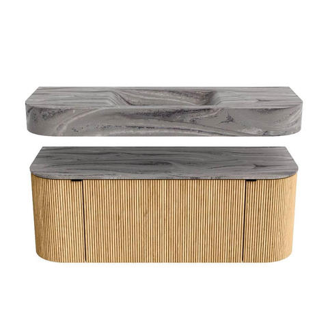 MONDIAZ THOR-DLUX 120cm badmeubel ronding links + rechts kleur Oak met 1 lade en 2 deuren. Vrijhangende wastafel CLOUD Midden zonder kraangat kleur Sombra. SW1463645