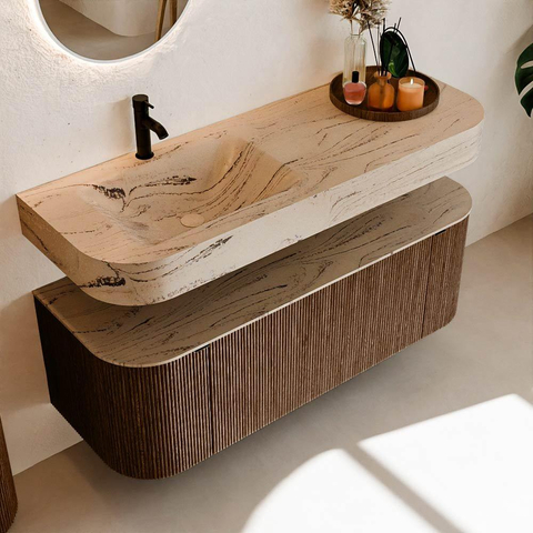 MONDIAZ THOR-DLUX Meuble de salle de bains 130cm arrondi gauche + droite couleur Walnut avec 1 tiroir et 2 portes. Vasque suspendue CLOUD Gauche 1 trou de robinet couleur Arena. SW1463774