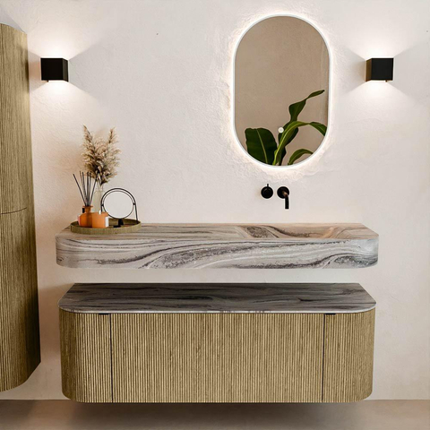 MONDIAZ THOR-DLUX 140cm meuble de salle de bains arrondi gauche + droite couleur Dusk avec 1 tiroir et 2 portes. Vasque suspendue CLOUD Droite sans trou de robinet couleur Sombra. SW1464349