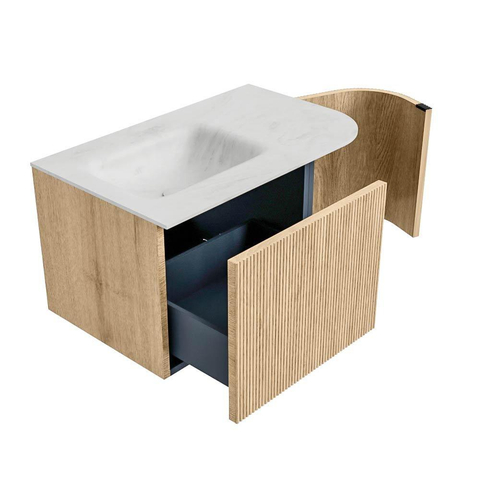 MONDIAZ KURVE-DLUX Meuble de salle de bains 75 cm avec module 25 R couleur Oak avec 1 tiroir et 1 porte. Lavabo GRUNNE gauche 1 trou de robinet couleur Opalo. SW1137524