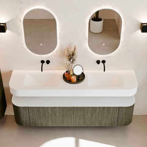 MONDIAZ THOR Meuble de salle de bains 180cm arrondi gauche + droite couleur Shadow avec 2 tiroirs et 2 portes. Vasque suspendue CLOUD Double sans trou de robinet couleur Talc. SW1466051