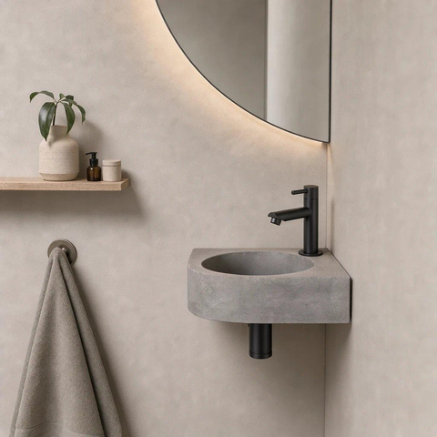 Fortifura Fuente fonteinset - 31.5x31.5x10cm - kraangat midden - met kraan mat zwart - beton (grijs) SW1111538