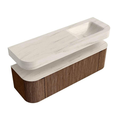 MONDIAZ THOR-DLUX 150cm meuble de salle de bains arrondi gauche + droite couleur Walnut avec 1 tiroir et 2 portes. Vasque suspendue CLOUD droite sans trou de robinet couleur Meli. SW1464775