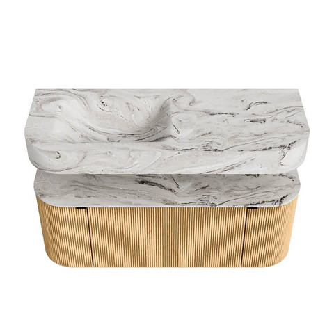 MONDIAZ THOR-DLUX 120cm meuble de salle de bains arrondi gauche + droite couleur Oak avec 1 tiroir et 2 portes. Vasque suspendue CLOUD gauche sans trou de robinet couleur Glace. SW1463072