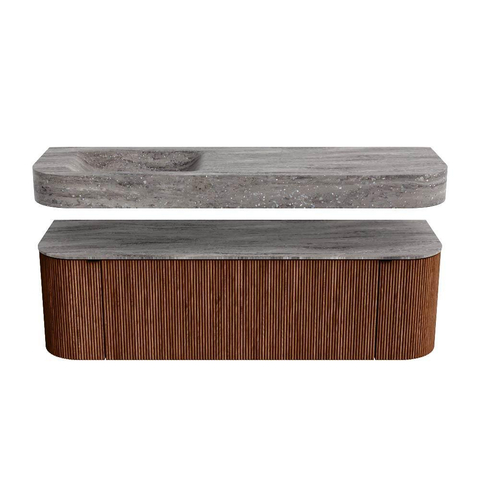 MONDIAZ THOR-DLUX 150cm badmeubel ronding links + rechts kleur Ruby met 1 lade en 2 deuren. Vrijhangende wastafel CLOUD Links 1 kraangat kleur Oza. SW1464713