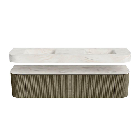 MONDIAZ THOR-DLUX 190cm meuble de salle de bains arrondi gauche + droite couleur Shadow avec 2 tiroirs et 2 portes. Vasque suspendue CLOUD Double sans trou de robinet couleur Ostra. SW1466589
