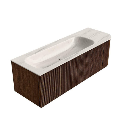 MONDIAZ KURVE-DLUX Meuble de salle de bains 135cm arrondi à droite couleur Walnut avec 1 tiroir et 1 porte. Lavabo BIG MEDIUM gauche 1 trou de robinet Meli. SW1431698