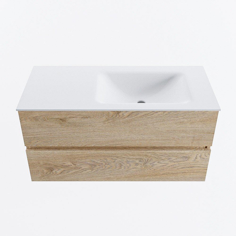 MONDIAZ VICA 100cm meuble de salle de bains sous-meuble Washed Oak 2 tiroirs. Lavabo CLOUD à droite 1 trou de robinet, couleur Talc. SW1381948