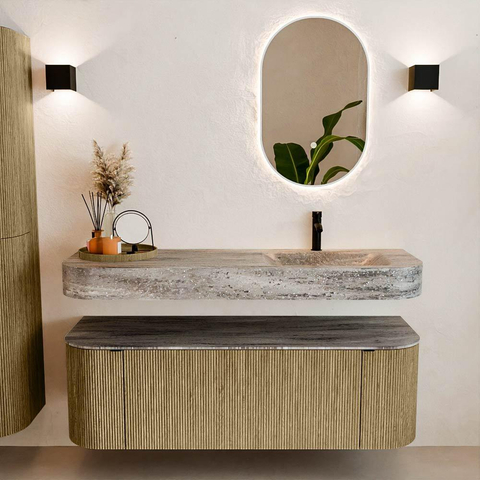 MONDIAZ THOR-DLUX 140cm meuble de salle de bains arrondi gauche + droite couleur Dusk avec 1 tiroir et 2 portes. Vasque suspendue CLOUD Droite 1 trou de robinet couleur Oza. SW1464280