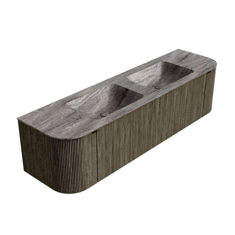 MONDIAZ KURVE-DLUX Meuble de salle de bains 170cm arrondi Gauche + Droite couleur Shadow avec 1 tiroir et 2 portes. Lavabo LEAF Double 2 trous de robinet Oza. SW1432920