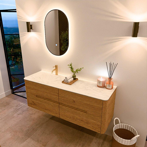 Mondiaz CIRO-DLUX Meuble de salle de bains - 140x45x50cm - Plan vasque Solid surface Opalo - 1 vasque à gauche - 1 trou de robinetterie - 4 tiroirs - Chêne SW1531024