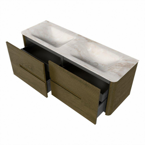 Mondiaz CIRO-DLUX Badkamermeubelset - 140x45x50cm - Solid surface wastafel Frappe - 2 wasbak Dubbel - 2 kraangaten - 4 lades - Dusk SW1532849