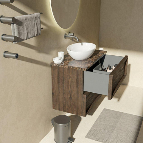 Saniclass Holz Frame Ensemble de meuble de salle de bains - 80x45x63cm - Plan de travail en pierre naturelle Noche dark emperador - sans trou de robinet - 2 tiroirs - chêne charcoal mat (bois) SW1579905