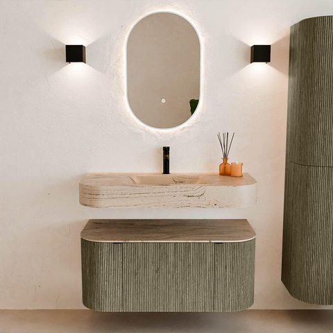 MONDIAZ THOR-DLUX Meuble de salle de bains - 100cm - arrondi gauche + droite - couleur Shadow - 1 tiroir - 2 portes - Vasque suspendue CLOUD Milieu 1 trou de robinet couleur Arena SW1467466