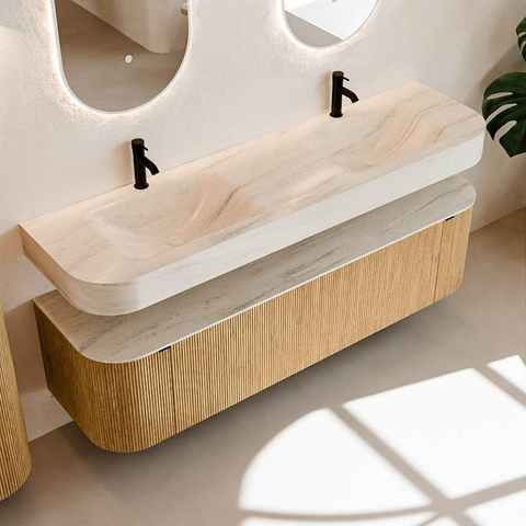 MONDIAZ THOR-DLUX Meuble de salle de bains - 170cm - arrondi gauche + droite - couleur Oak - 1 tiroir - 2 portes - Vasque suspendue CLOUD Double 2 trous de robinet - couleur Meli SW1465739